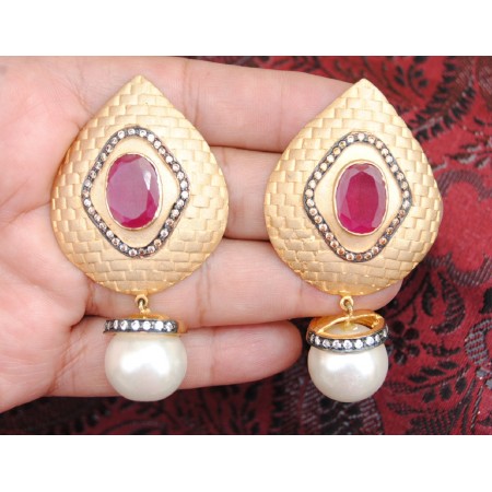 Ruby Studded Gold Dangler Earrings with Pearl Drop